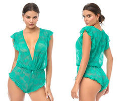 Emerald green lace Mapale 8951 romper-babydoll with ruffled sleeves and hem in wild teal color