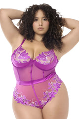 Purple lace bodysuit with sheer mesh panels and satin trim in azalea by mapale 8953x teddy