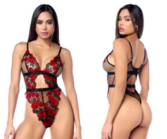 Red rose lace bodysuit with black mesh and straps from mapale 8961 teddy in black and red colors