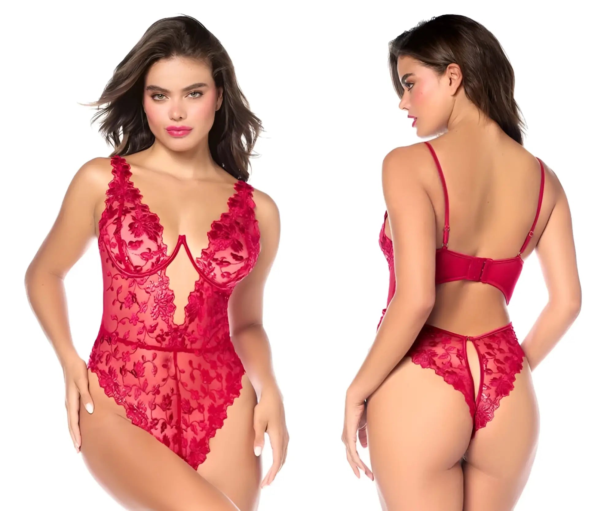 Red lace teddy with floral embroidery and thin straps by Mapale model 8963 in vibrant red color