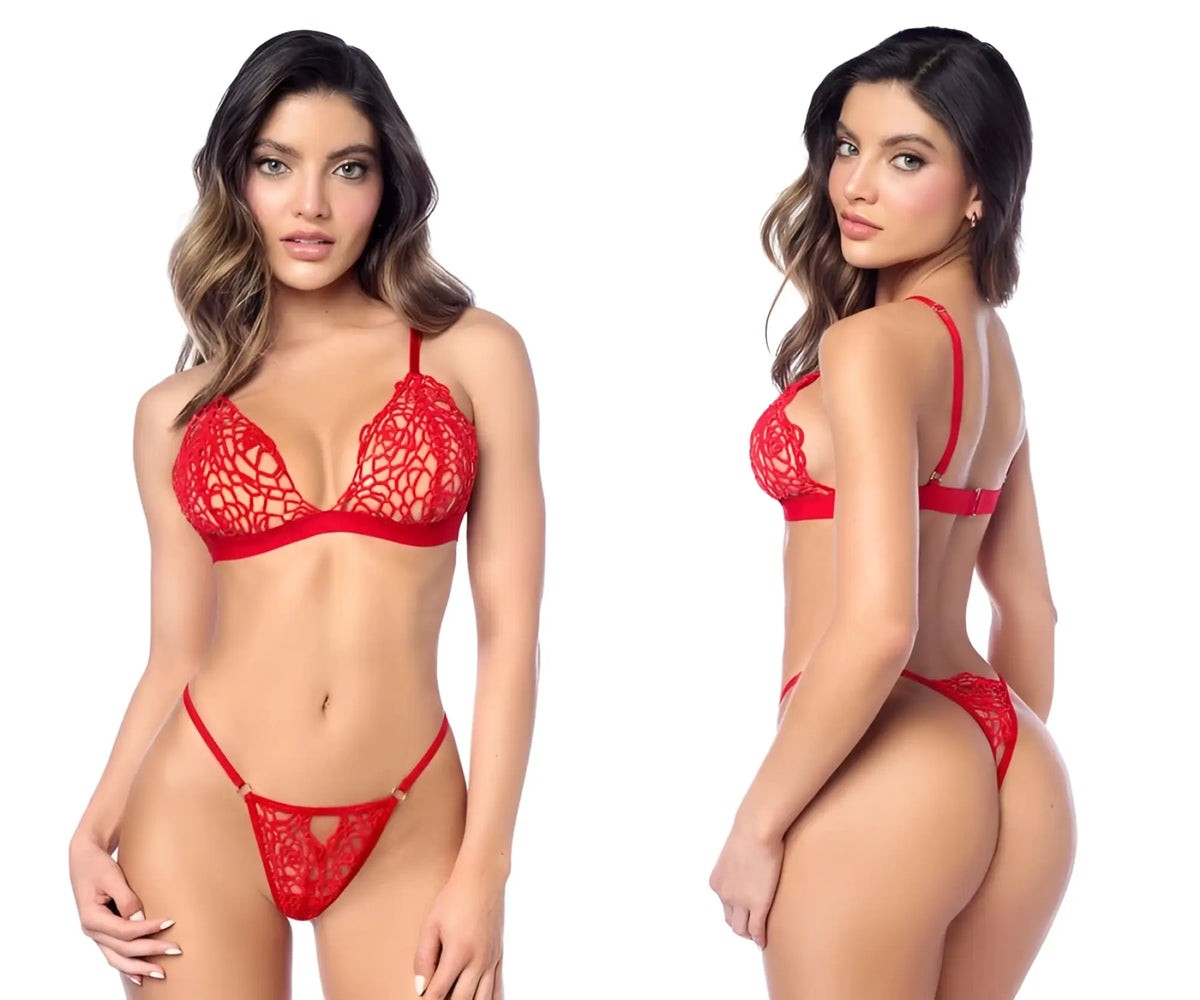 Red lace lingerie two piece set by mapale 8966 in red with intricate floral patterns and thin straps