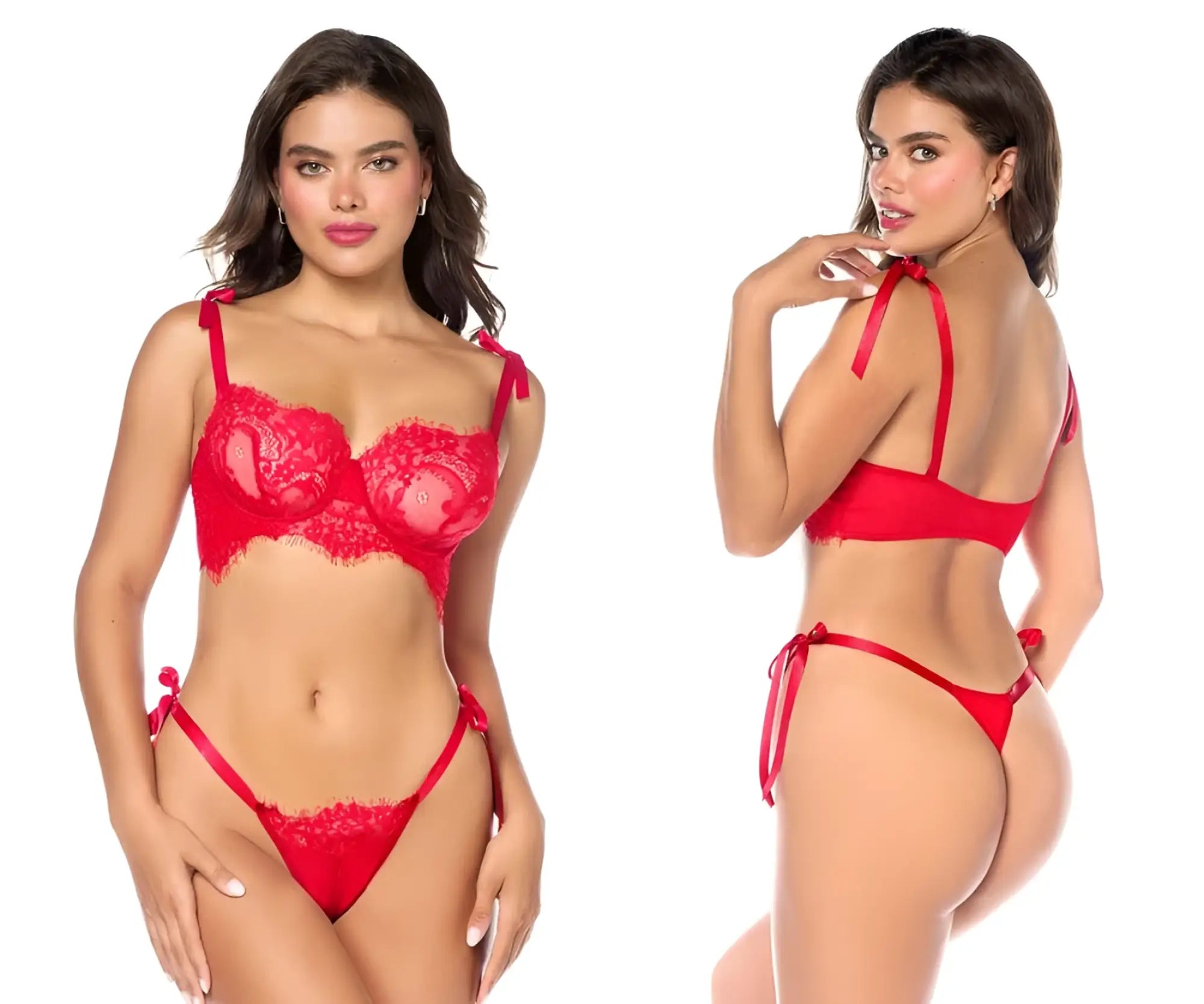 Red lace bra and matching thong set with satin ties in vibrant red from Mapale 8968 two piece set