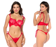 Red lace bra and matching thong set with satin ties in vibrant red from Mapale 8968 two piece set