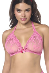 Pink lace halter bra with satin bow center from mapale 8971 two piece set in pink satin and lace material