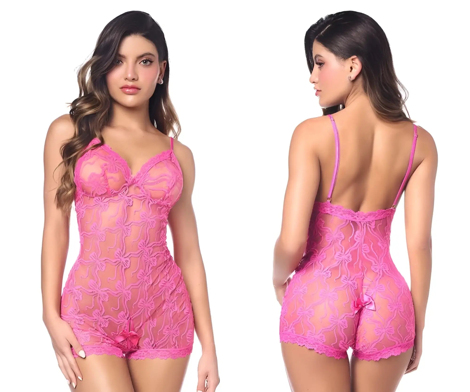 Fuchsia lace Mapale 8972 romper-babydoll with floral pattern and thin straps in pink color