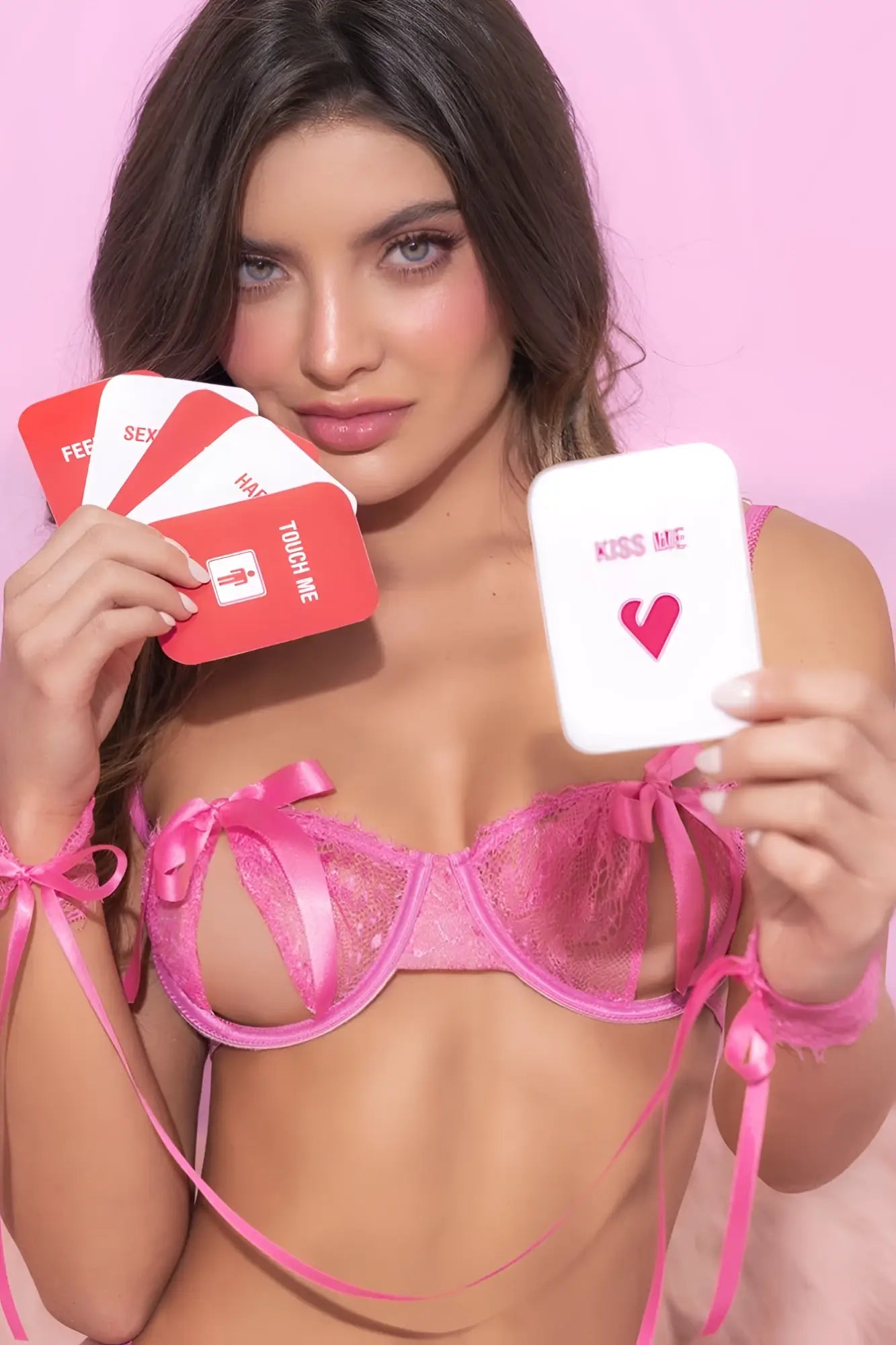 Pink lace bra with satin ribbon ties from mapale 8974 four piece set in soft pink lace material