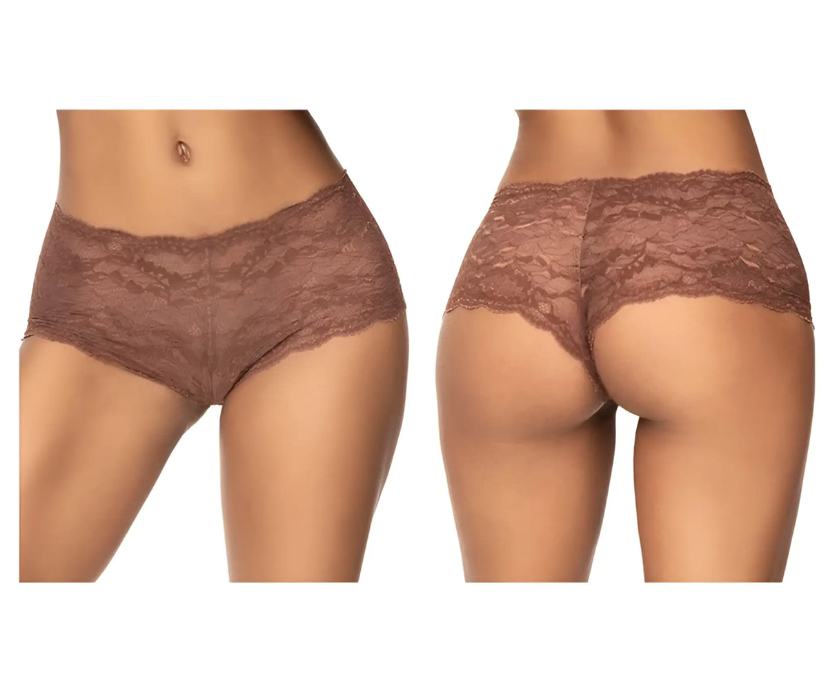 Brown lace boyshort underwear with delicate floral pattern and scalloped edges in cocoa by mapale 90 lace