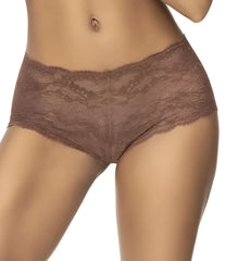 Mapale 90 lace boyshort cocoa in brown lace with intricate pattern and smooth waistband shown from the back side