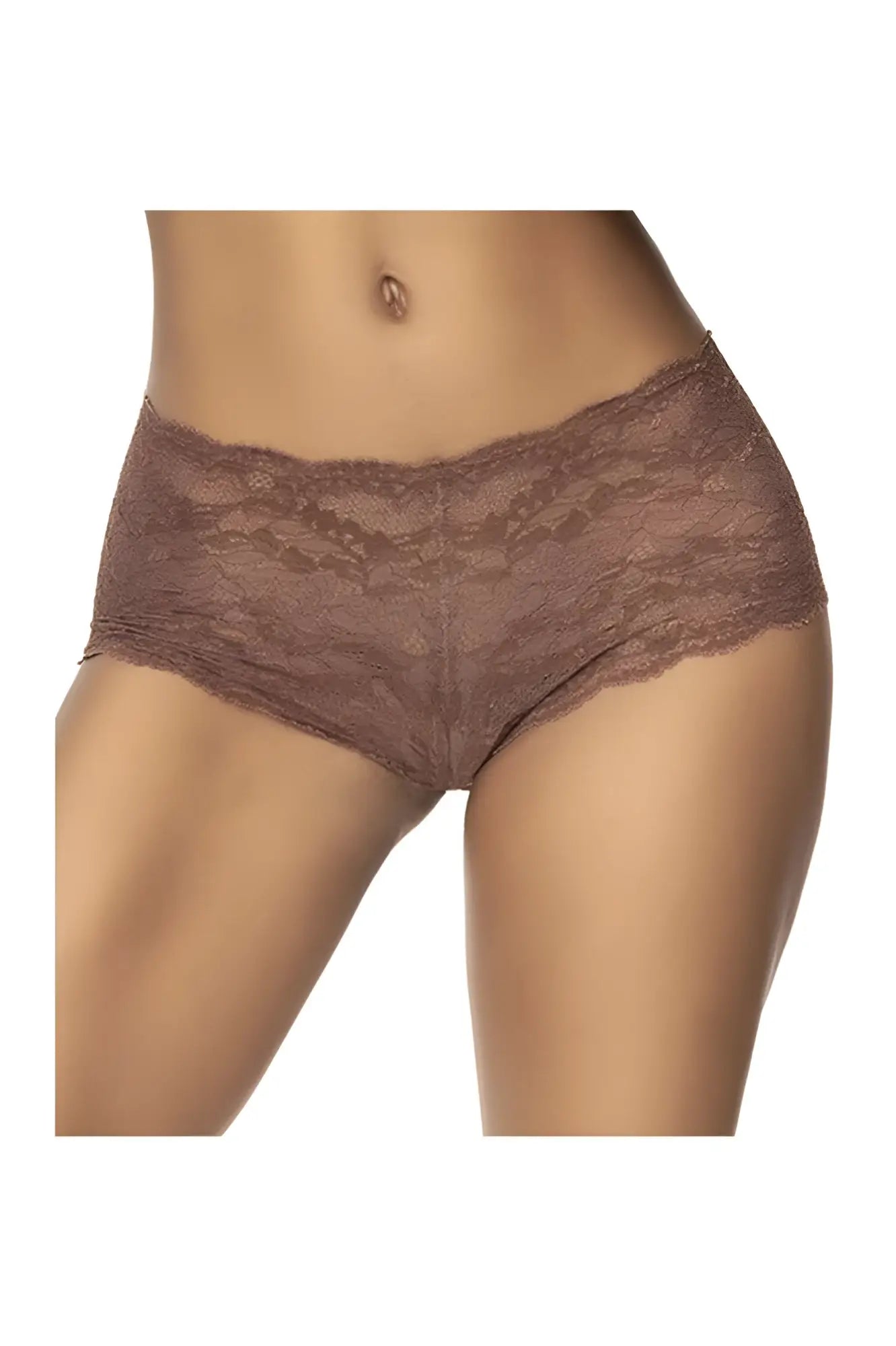 Brown lace boyshort underwear in cocoa color featuring a delicate intricate lace pattern by mapale 90 lace