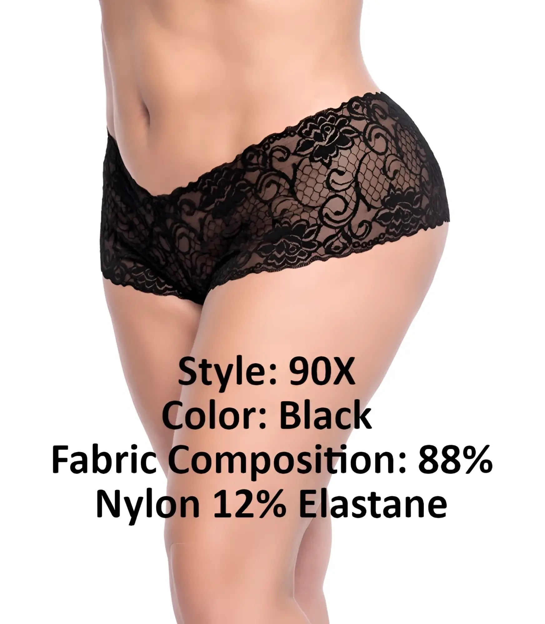 Black lace mapale 90x boyshort underwear with intricate floral patterns in sheer stretchy fabric