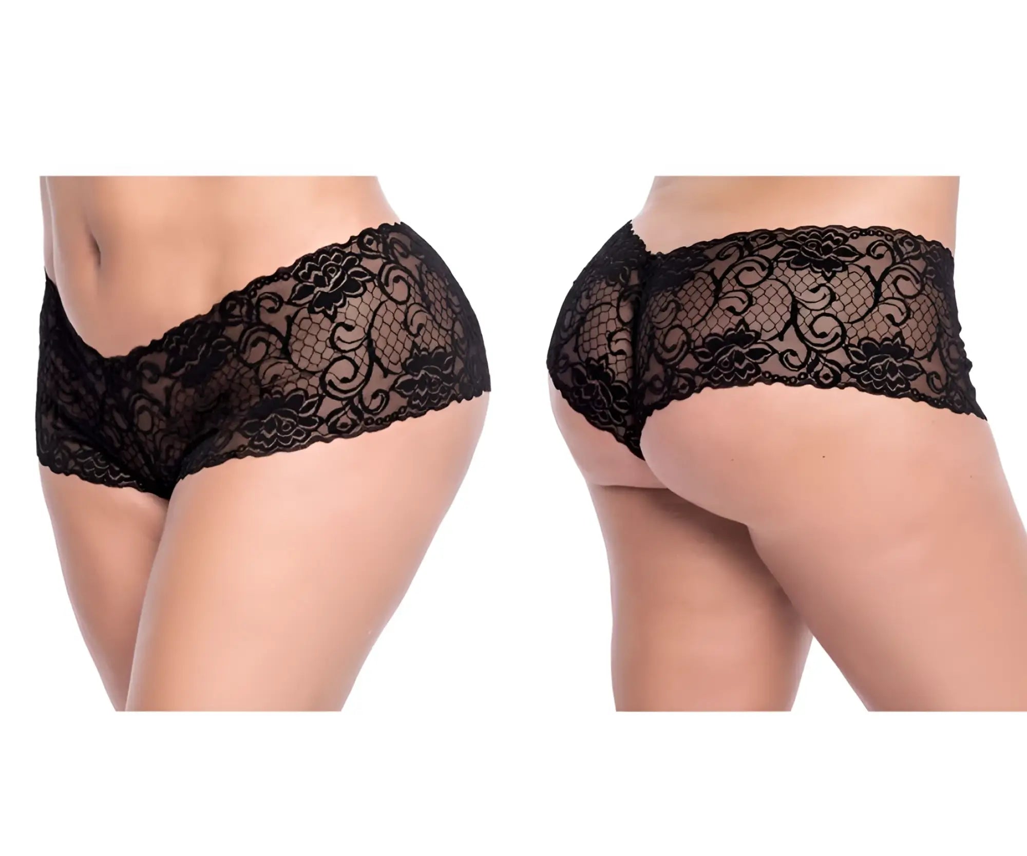 Black lace mapale 90x lace boyshort underwear with intricate floral and scrollwork patterns in black color
