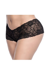 Black lace boyshort underwear with intricate floral and scrollwork patterns by Mapale 90X in black