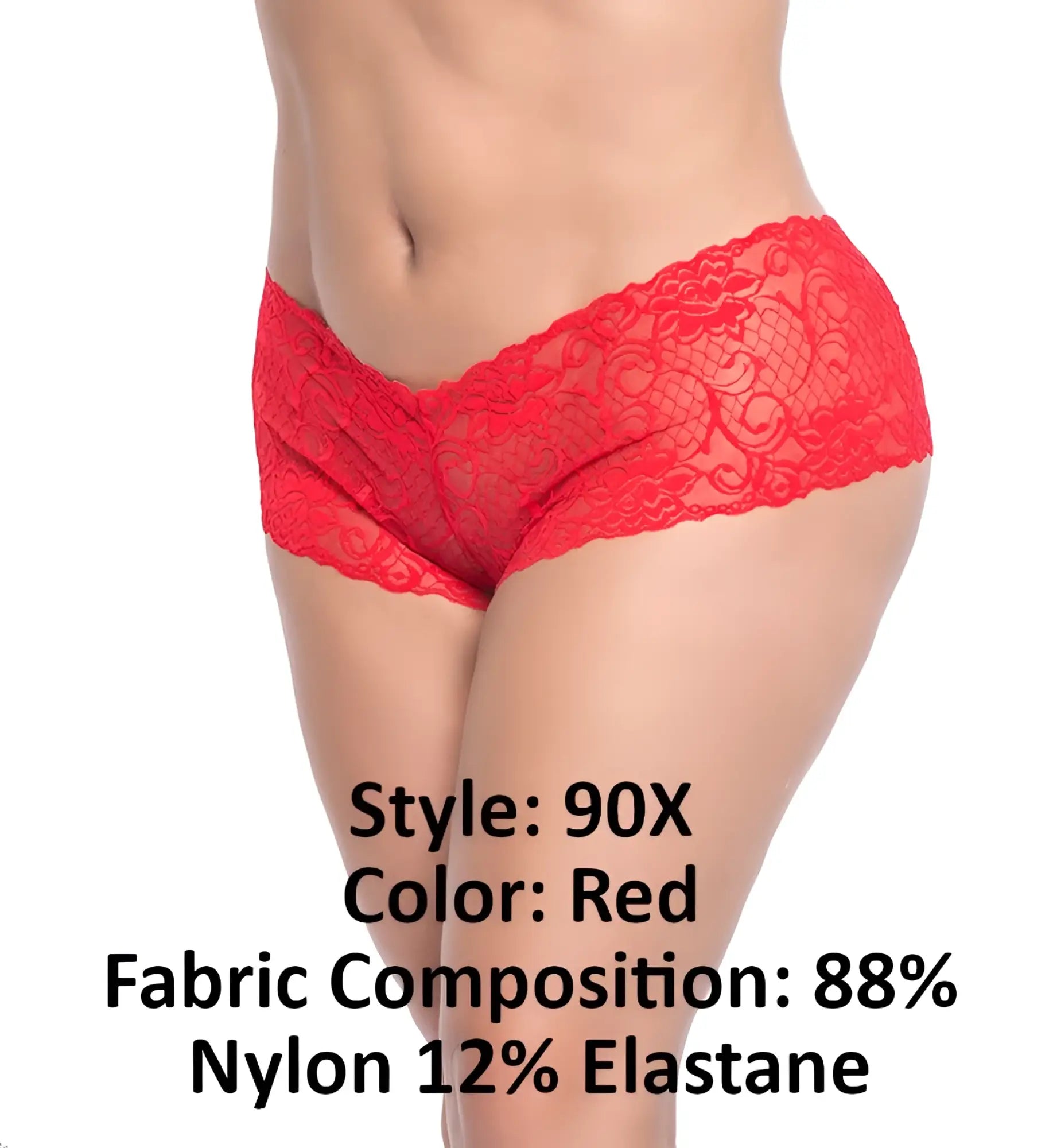Red lace boyshort underwear with floral pattern by mapale made of 88% nylon and 12% elastane in red color