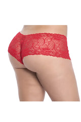 Red lace boyshort underwear by mapale featuring intricate floral and scrollwork patterns in vibrant red