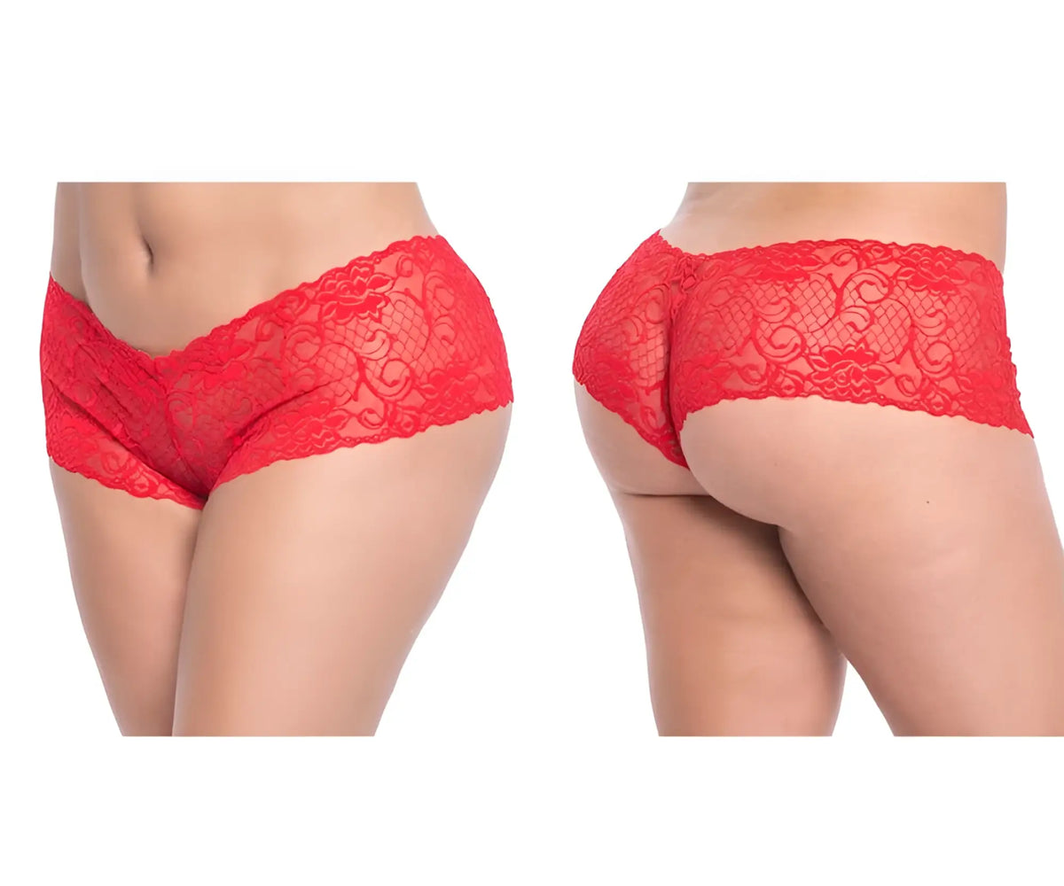 Red lace boyshort underwear by mapale featuring intricate floral patterns and a seamless design in vibrant red