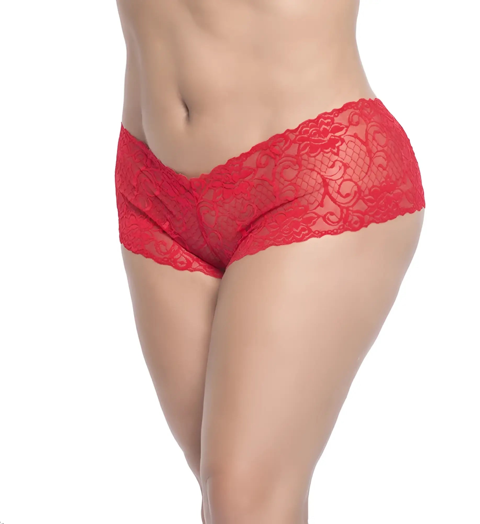 Red lace boyshort underwear by mapale 90x featuring intricate floral and scrollwork patterns in vibrant red