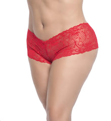 Red lace boyshort underwear by mapale 90x featuring intricate floral and scrollwork patterns in vibrant red