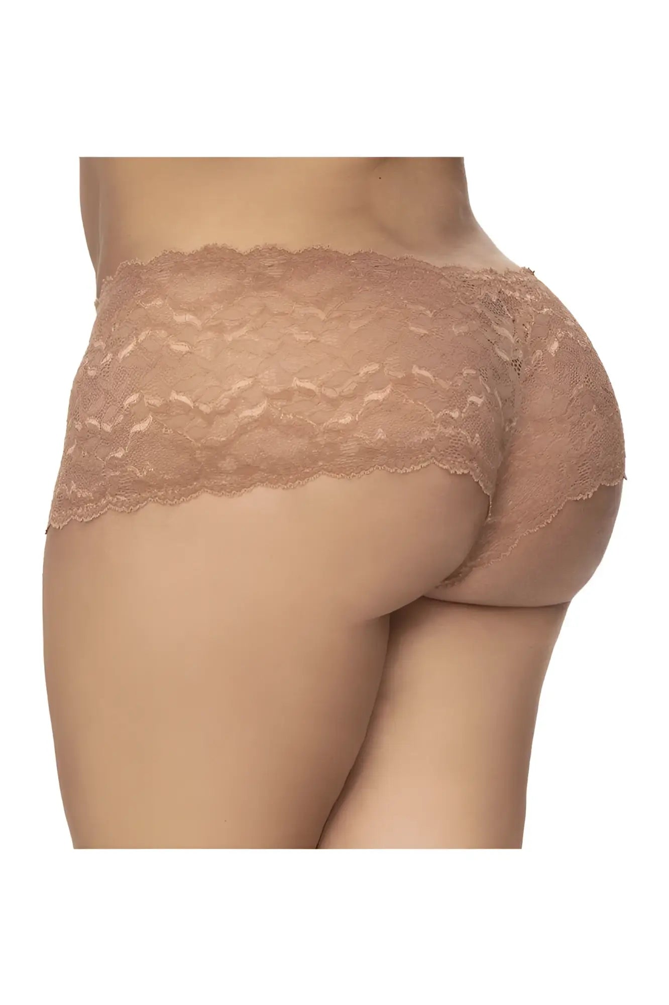 Beige taupe lace boyshort underwear by Mapale with delicate floral pattern and scalloped edge detailing