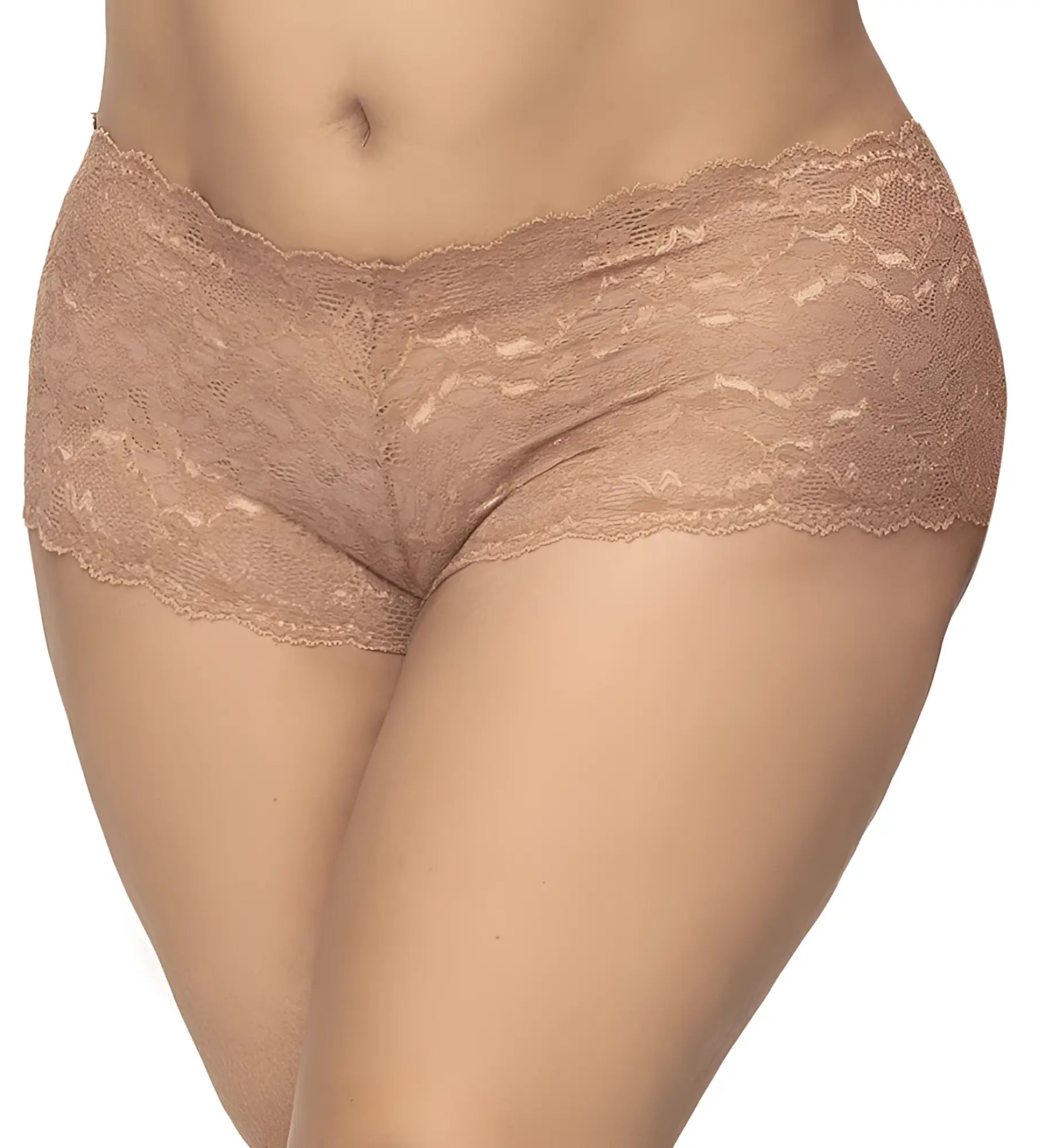 Beige taupe lace Mapale 90X boyshort underwear with delicate floral pattern and scalloped edge