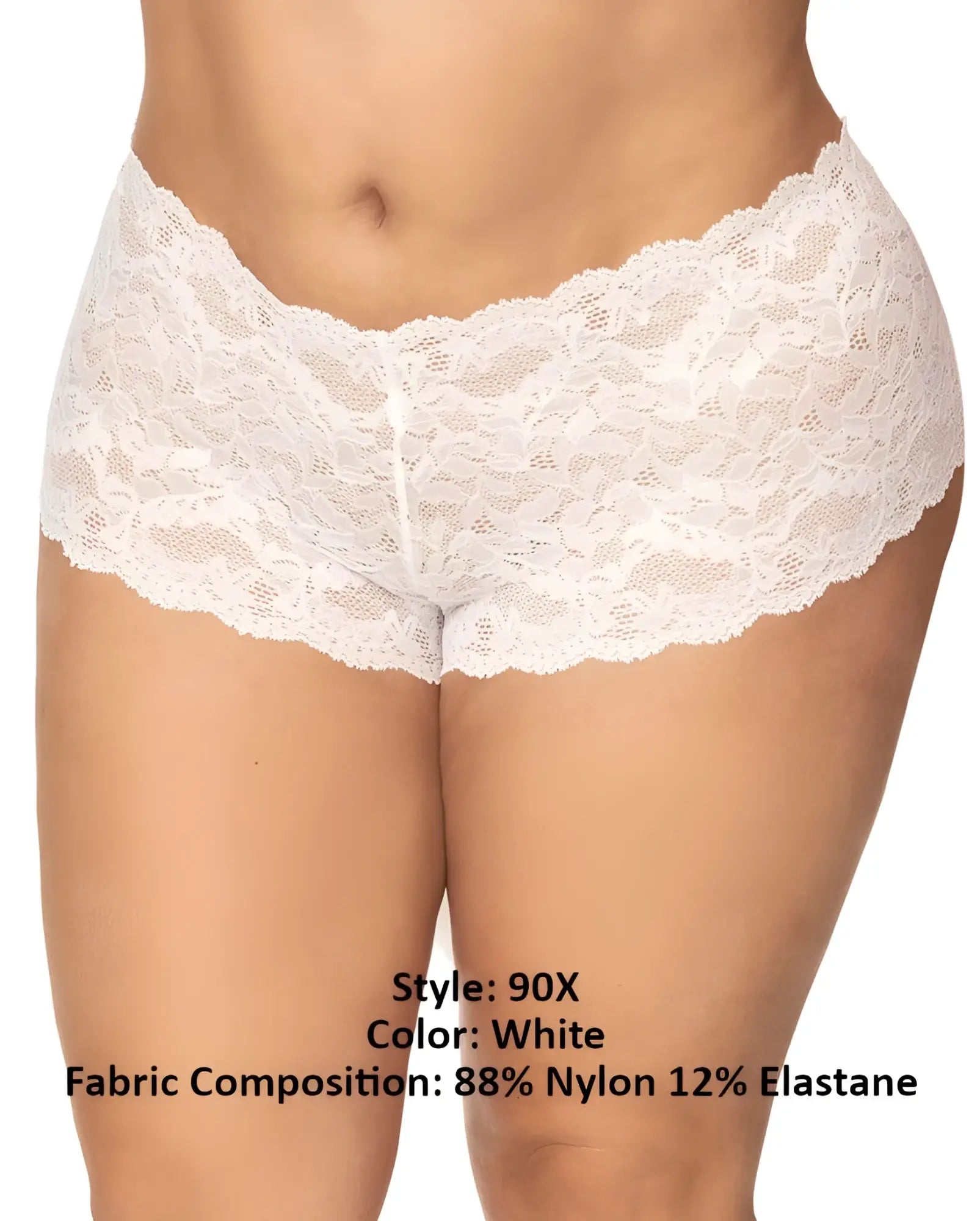 White lace boyshort underwear by Mapale 90X with delicate floral pattern and scalloped edge in white color