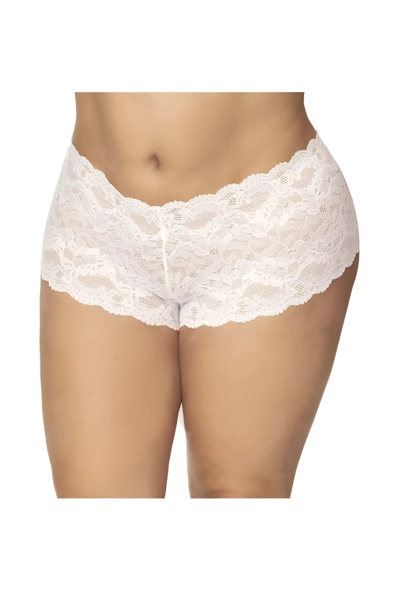 White lace boyshort underwear with scalloped edge and delicate floral pattern by Mapale 90X in white color