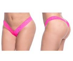 Bright pink lace thong with v-shaped front and back design from mapale 93x lace boyshort collection