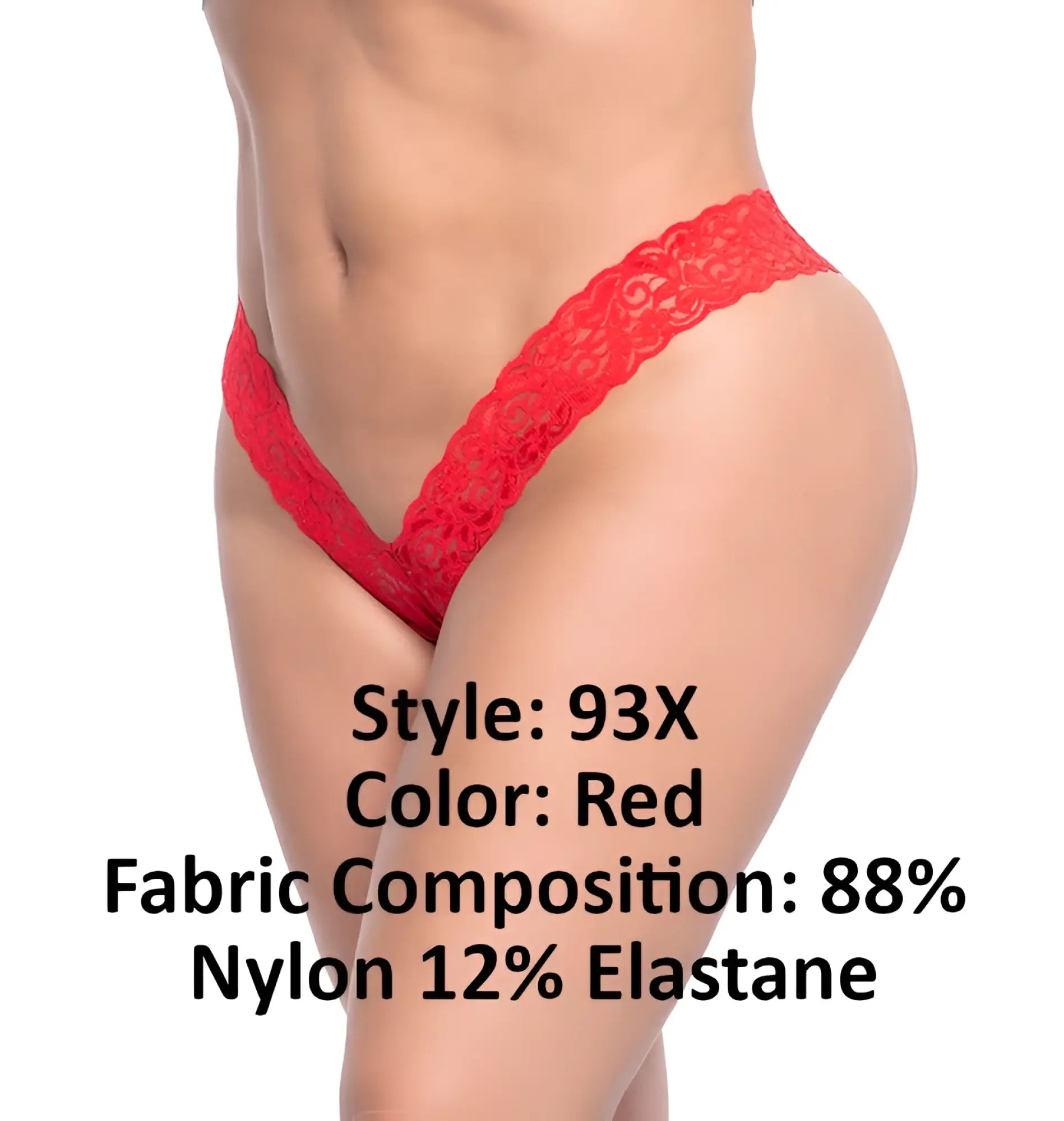 Red lace thong v-shaped design in red made from 88 percent nylon and 12 percent elastane by mapale 93x lace boyshort