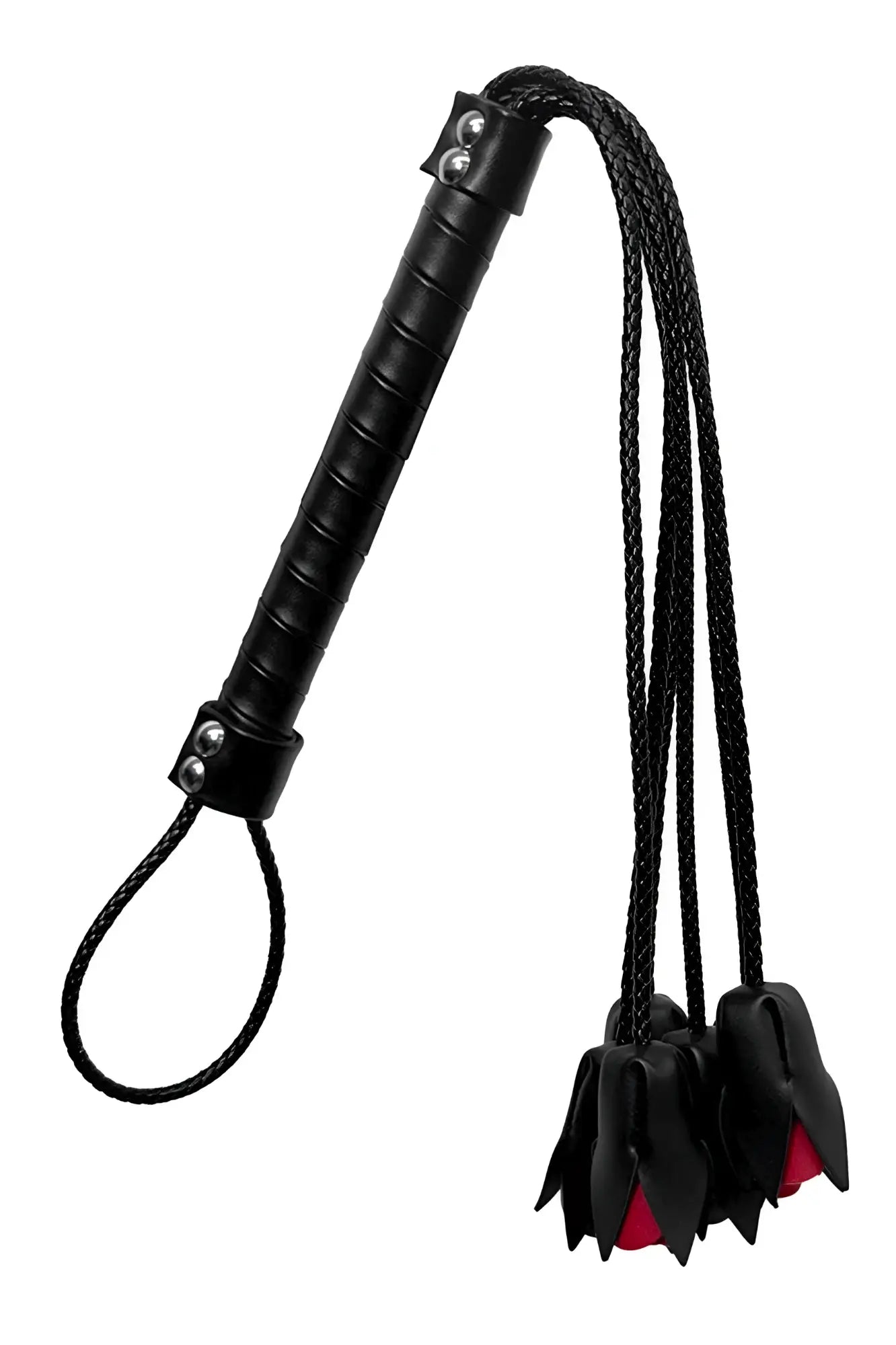Black leather flogger with braided cords and red tipped ends for sensual play by Mapale 997 Rose Whip color as shown