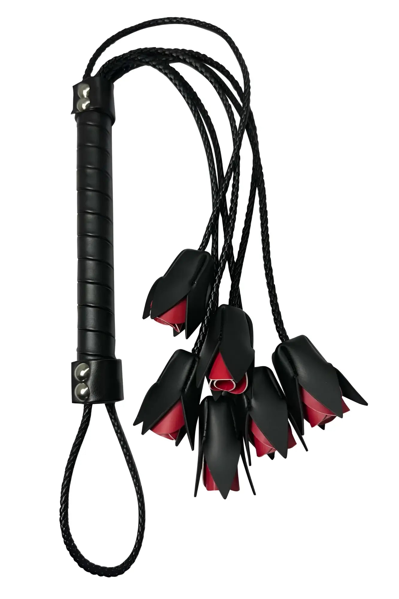 Mapale 997 rose whip black leather flogger with red inner lining and braided cord for intimate play