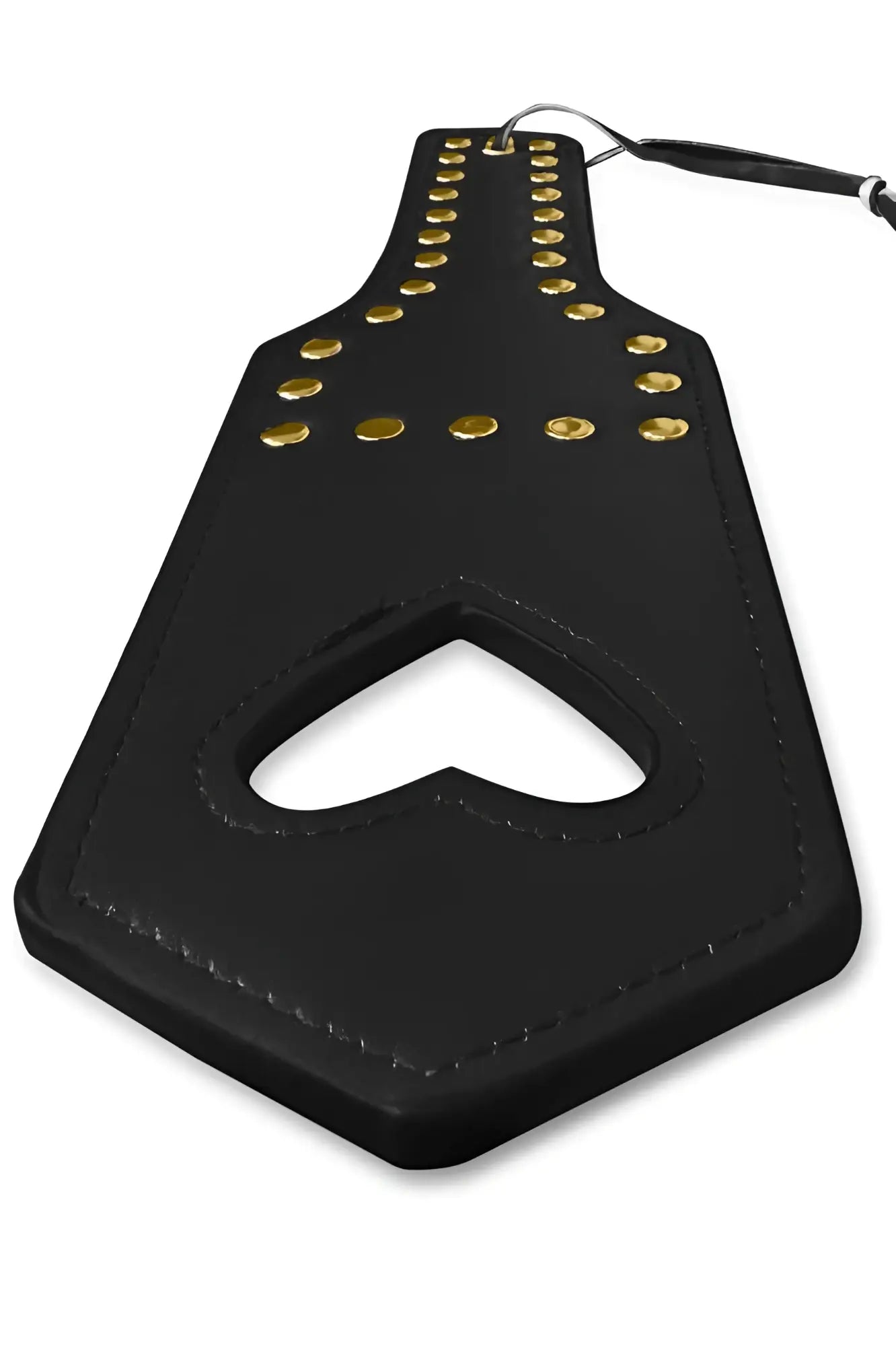 Black leather paddle Mapale 998 spanker with gold-colored studs and heart-shaped cutout for intimate use