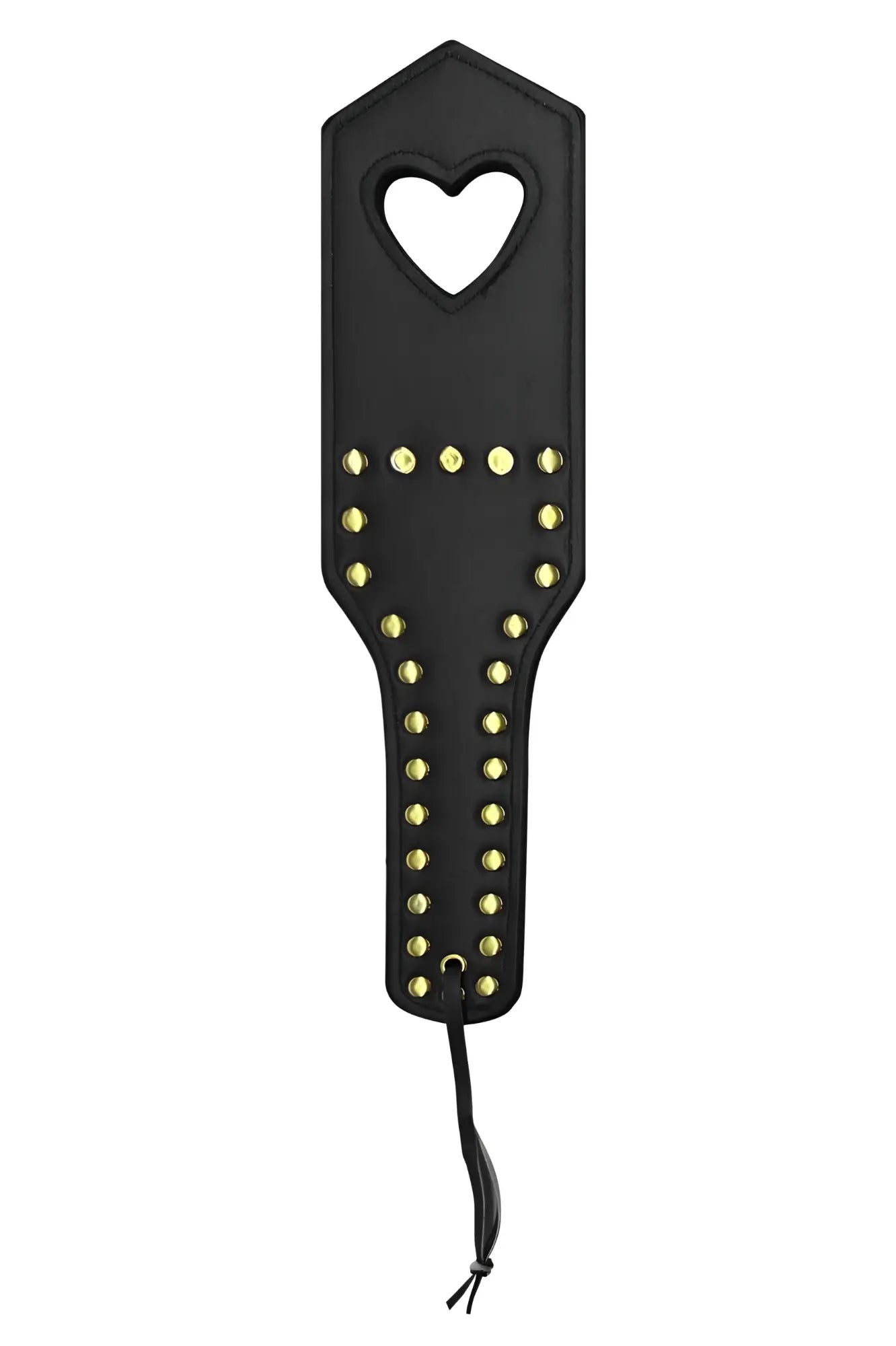 Black leather paddle mapale 998 spanker with heart-shaped cutout and gold studs arranged in rows