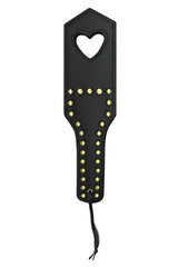 Black leather paddle mapale 998 spanker with heart-shaped cutout and gold studs arranged in rows
