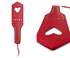Red leather paddle with gold-tone studs and heart-shaped cutout for spanking by Mapale 998 spanker color red