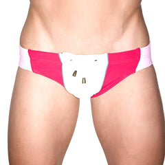 Marcuse MA Bondi pink and white athletic briefs with a white bear face design on the front for active wear