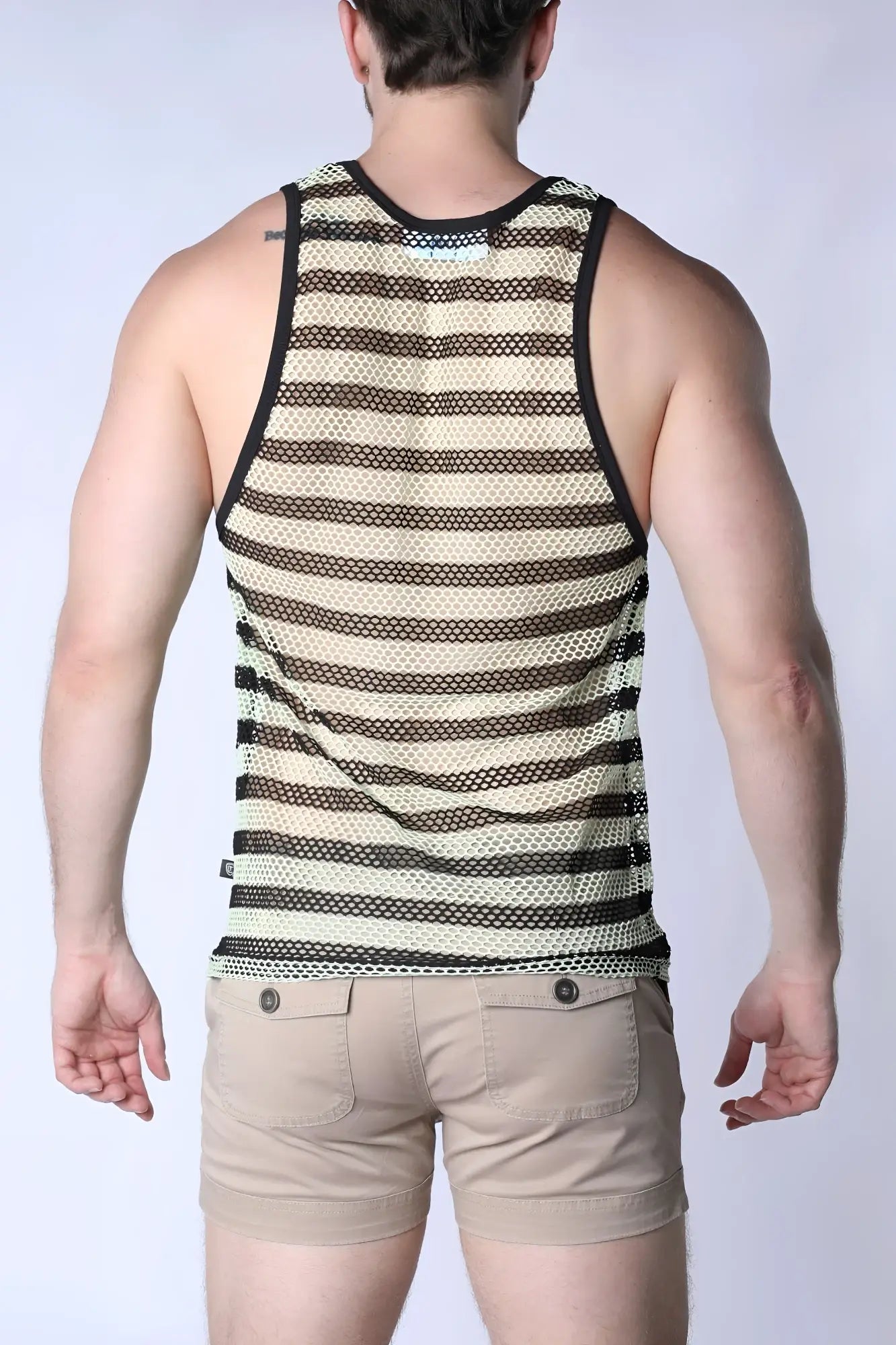 Mariner mesh stripe tank top in black and beige striped breathable mesh with black trim for casual wear