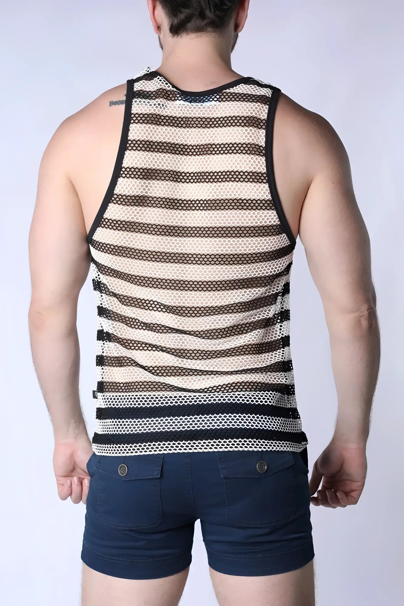 Mariner mesh stripe tank top in black and cream striped mesh with black trim for casual wear