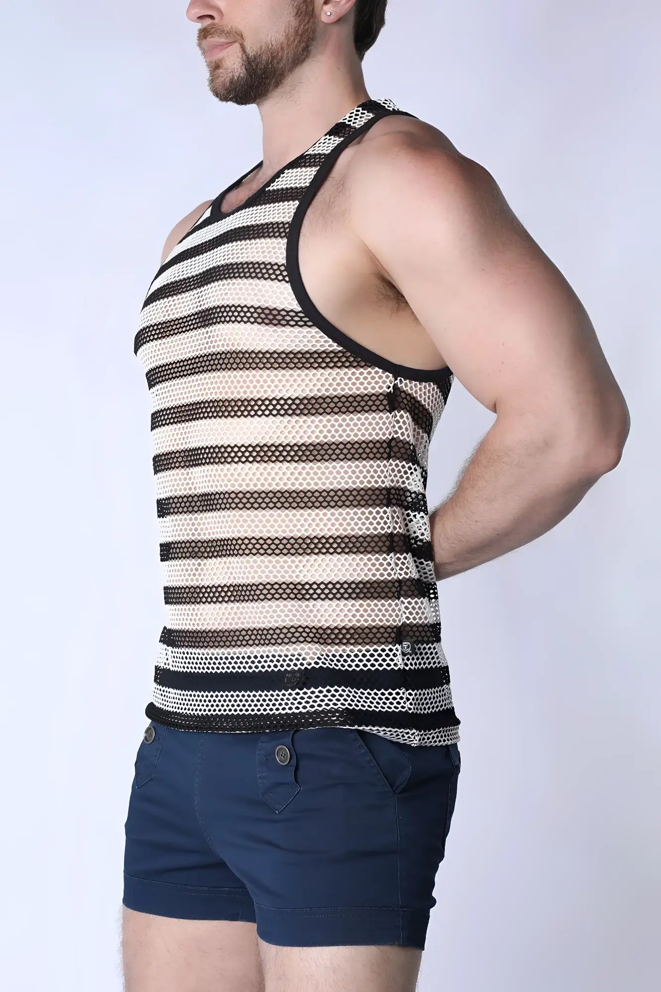 Black and cream striped mesh tank top with racerback design featuring breathable mesh material called mariner mesh stripe tank top