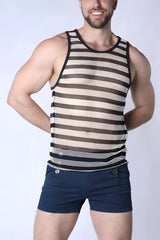 Mariner mesh stripe tank top with black and white striped mesh fabric, round neckline, and elasticated hem