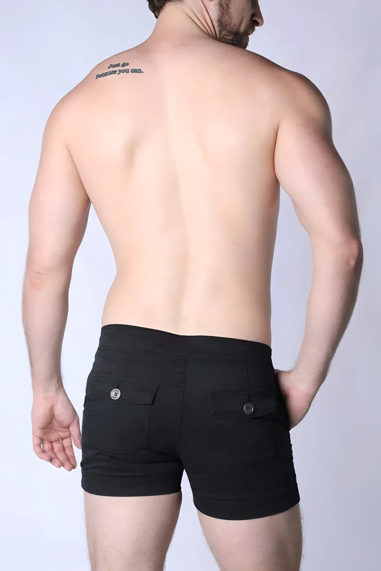 Black mariner sailor short with two front pockets secured by silver buttons ideal for casual summer wear