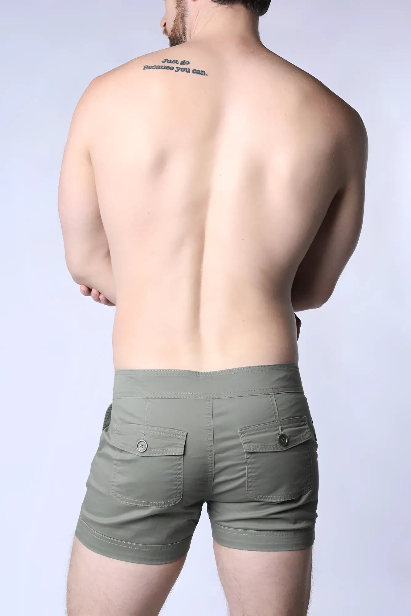 Olive green Mariner sailor short cargo shorts with buttoned flap pockets and tapered leg cut for casual wear
