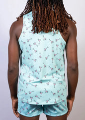 Light blue tank top with a repeating pink and black martini glass print in the martini print tank collection