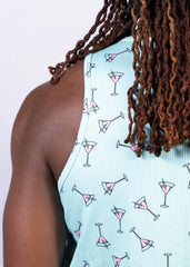 Light blue ribbed tank top with playful pink martini glass pattern outlined in black called martini print tank