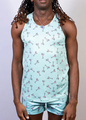 Light blue tank top and matching shorts set with playful pink martini glass pattern martini print tank