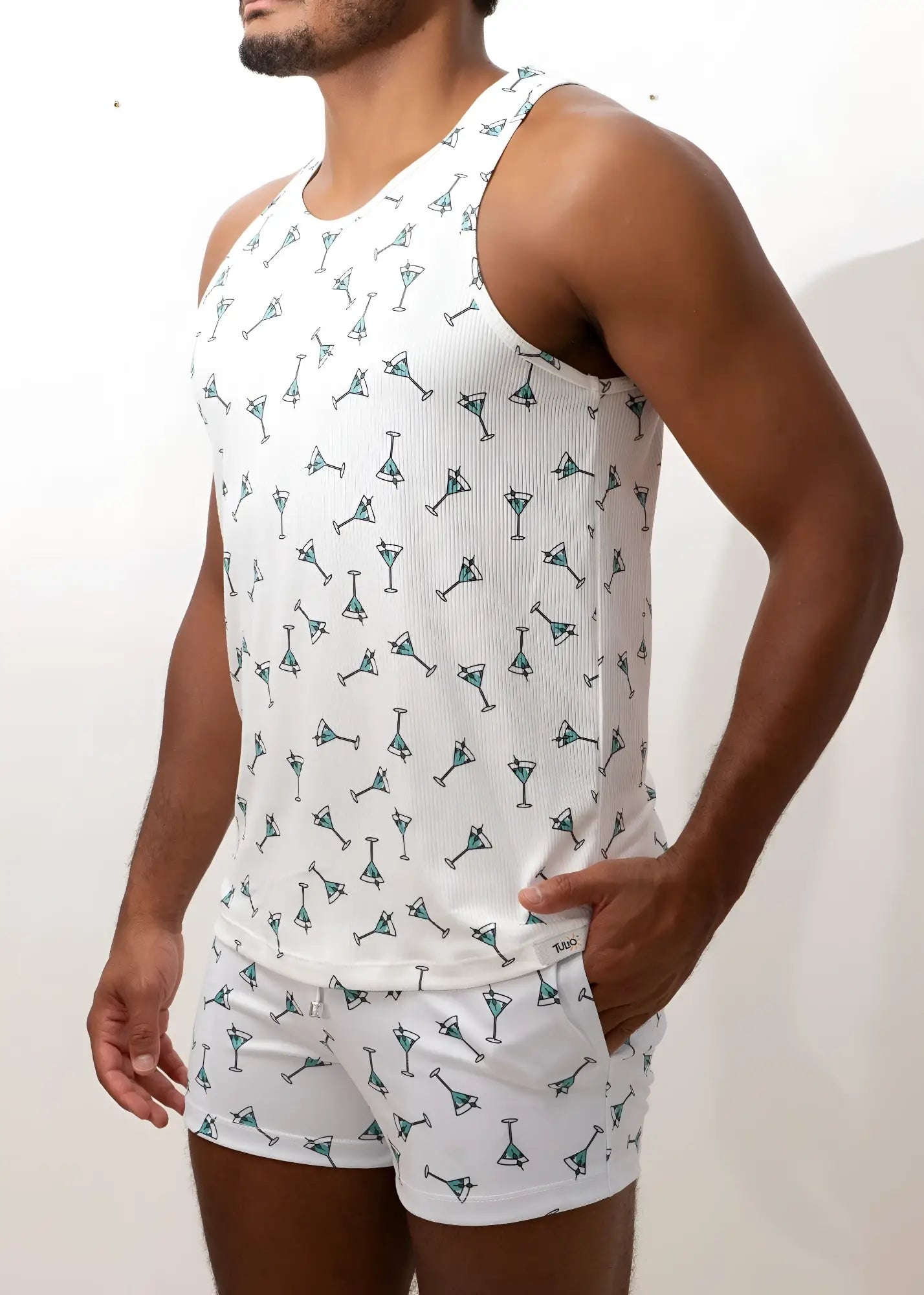 White ribbed tank top and shorts set with teal martini glass print martini print tank for casual wear