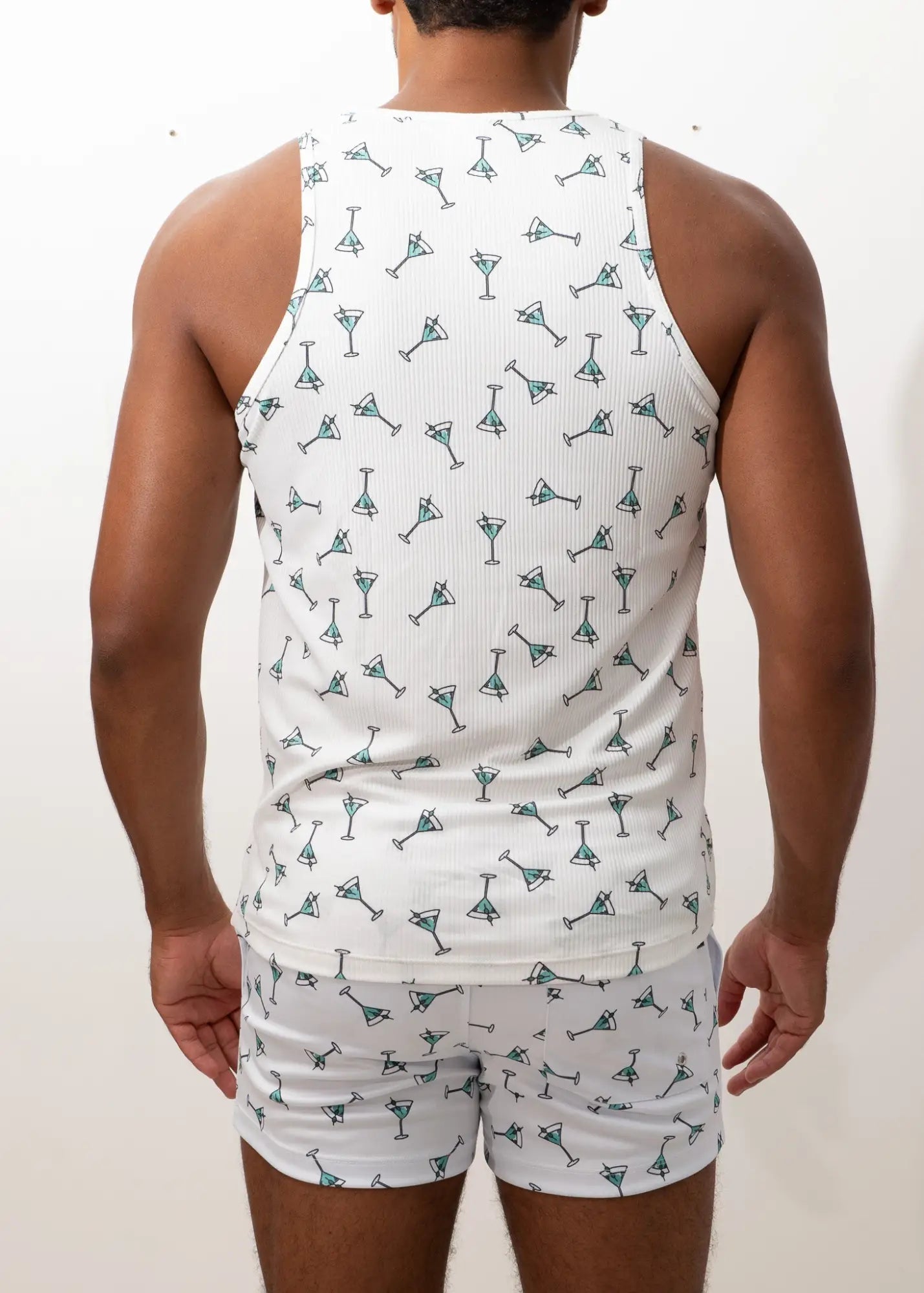 White ribbed tank top and matching shorts set with teal martini glass print in martini print tank collection