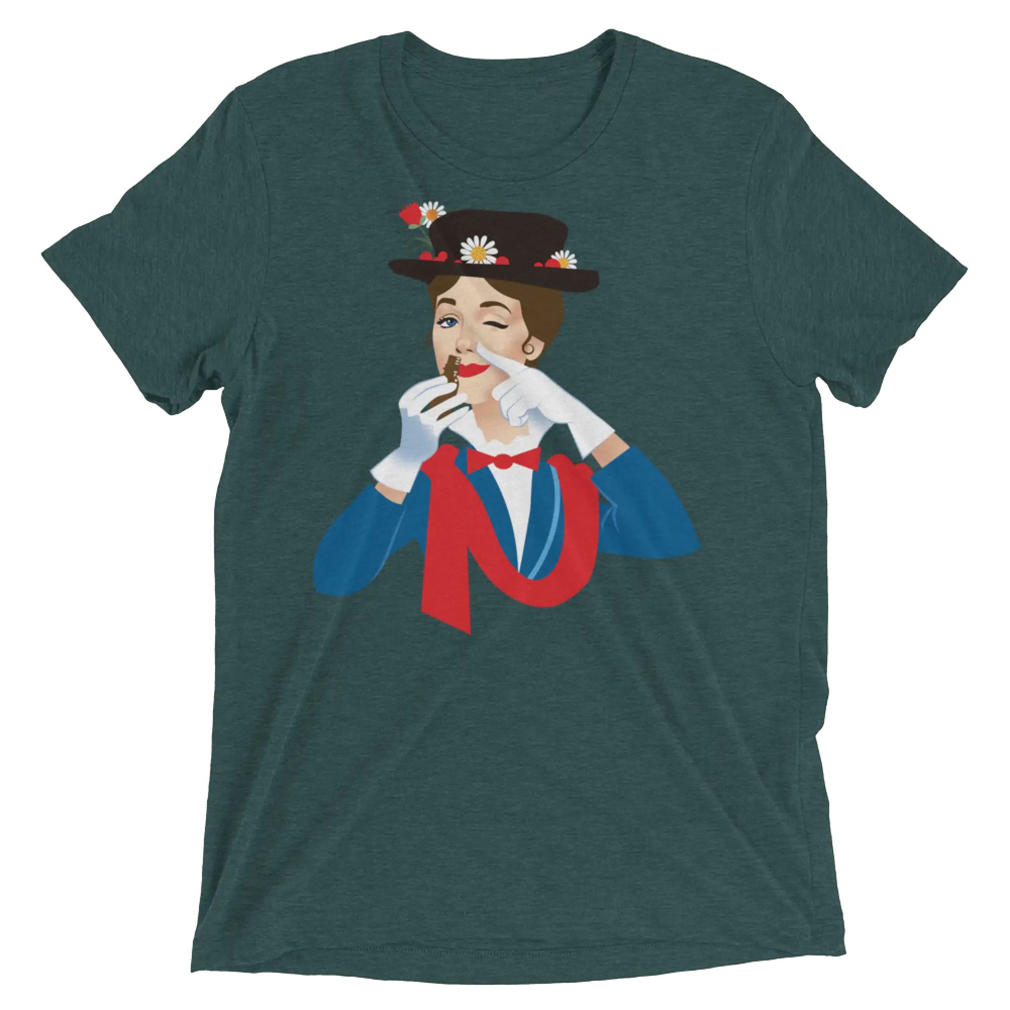 Dark green heathered cotton t-shirt mary poppers featuring colorful graphic of woman in top hat with daisies and gloves