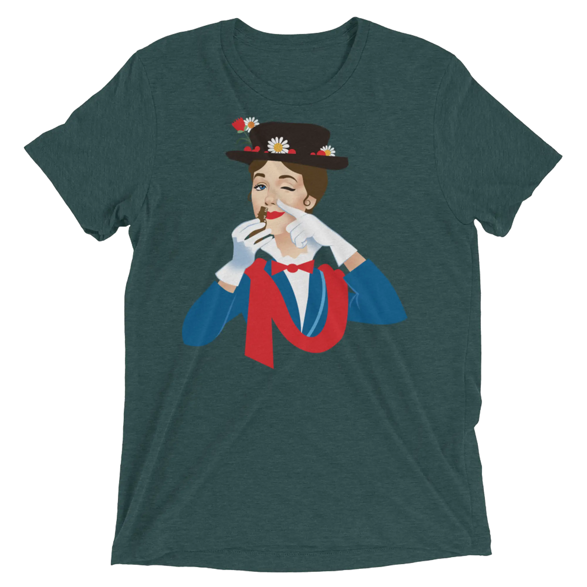 Dark green heathered cotton t-shirt mary poppers featuring colorful graphic of woman in top hat with daisies and gloves