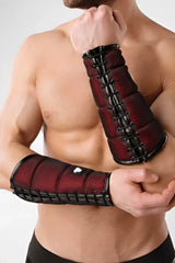 Red and black mesh maskulo armored under forearm guard with black lacing size large for protective wear