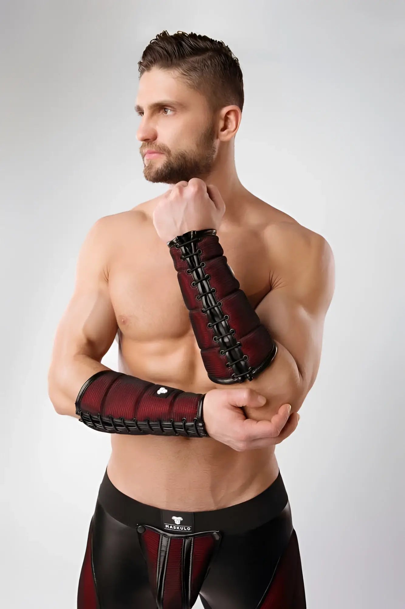 Red and black Maskulo armored color under forearm guard wallet armband with mesh texture and reinforced stitching size L