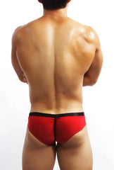 Red mategear seong myeong maximizer bikini swimwear briefs with black waistband in size s shown from the front